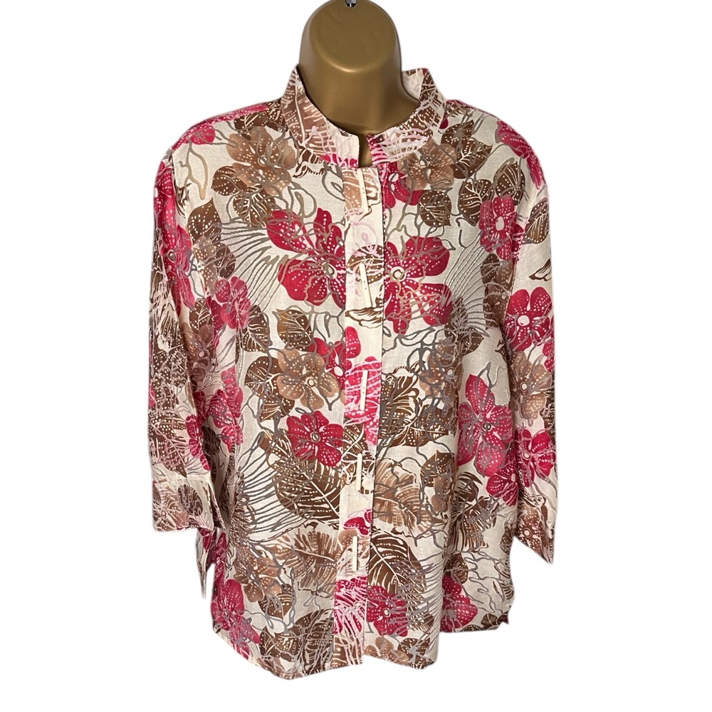 Vintage Y2K Draper’s & Damon’s Petites Tropical Button-Up Shirt Hibiscus PL